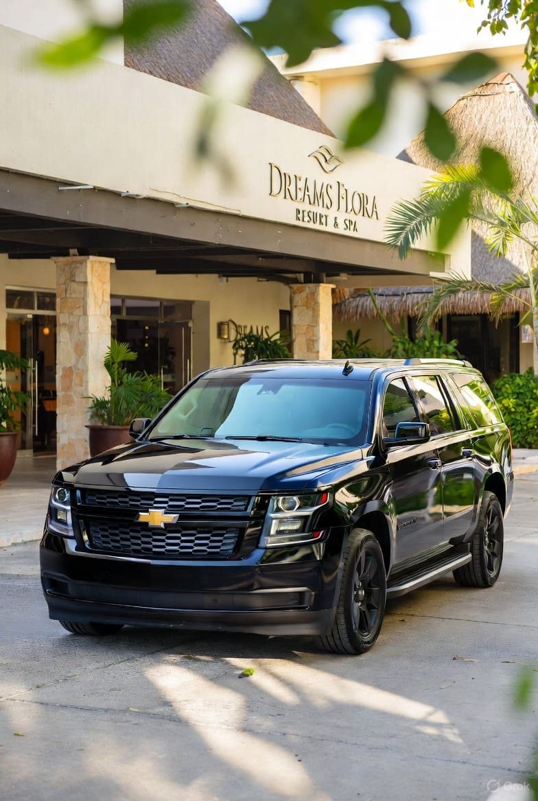 Black Chevrolet Suburban luxury SUV parked at the reception entrance of Dreams Flora Resort & Spa in Punta Cana, ready for private airport transfer service.