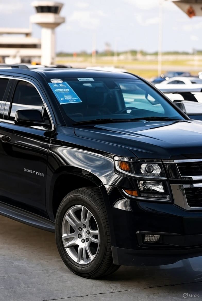 private transfer Melia Punta Cana from airport – Black Chevrolet Suburban 2019 with Welcome to Melia Punta Cana sign at PUJ arrivals