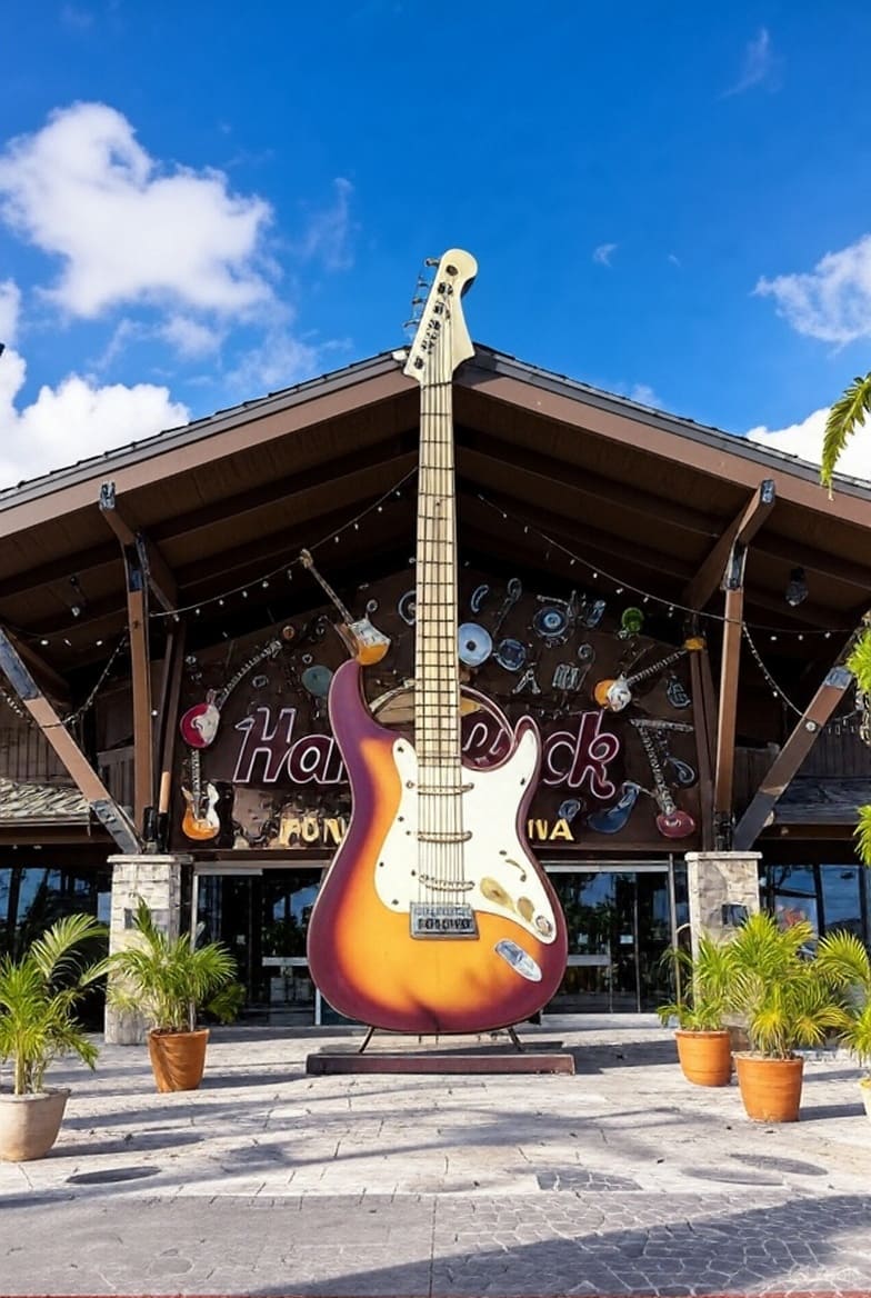 Private transfer Punta Cana airport to Hard Rock Hotel – Iconic entrance with giant guitar logo at Hard Rock Hotel Punta Cana