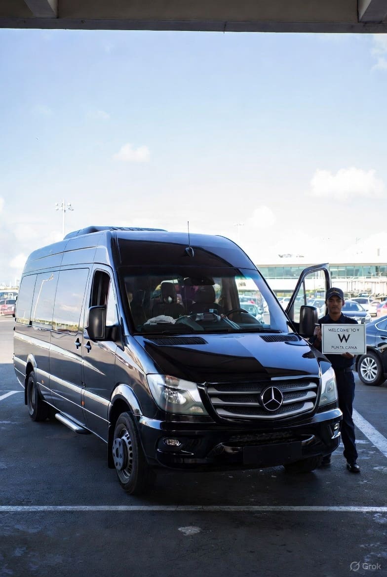 Black Mercedes Sprinter VIP with driver holding Welcome to W Punta Cana sign at Punta Cana Airport – private luxury transfer 2026