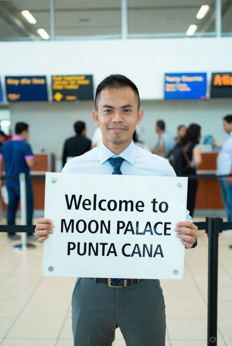 Professional uniformed driver holding "Welcome to Moon Palace Punta Cana" sign at Punta Cana International Airport arrivals – luxury Moon Palace The Grand airport shuttle service