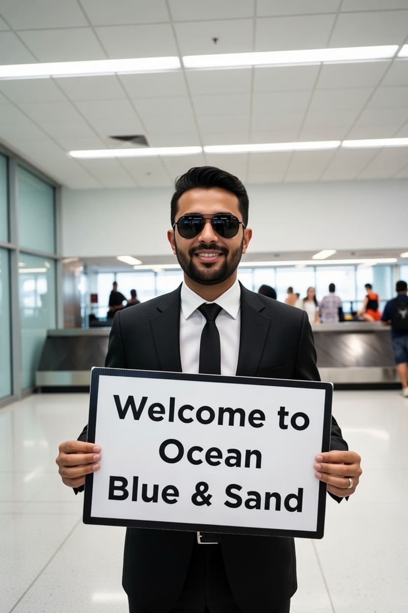 Professional airport chauffeur in suit holding "Welcome to Ocean Blue & Sand" sign at Punta Cana airport arrivals