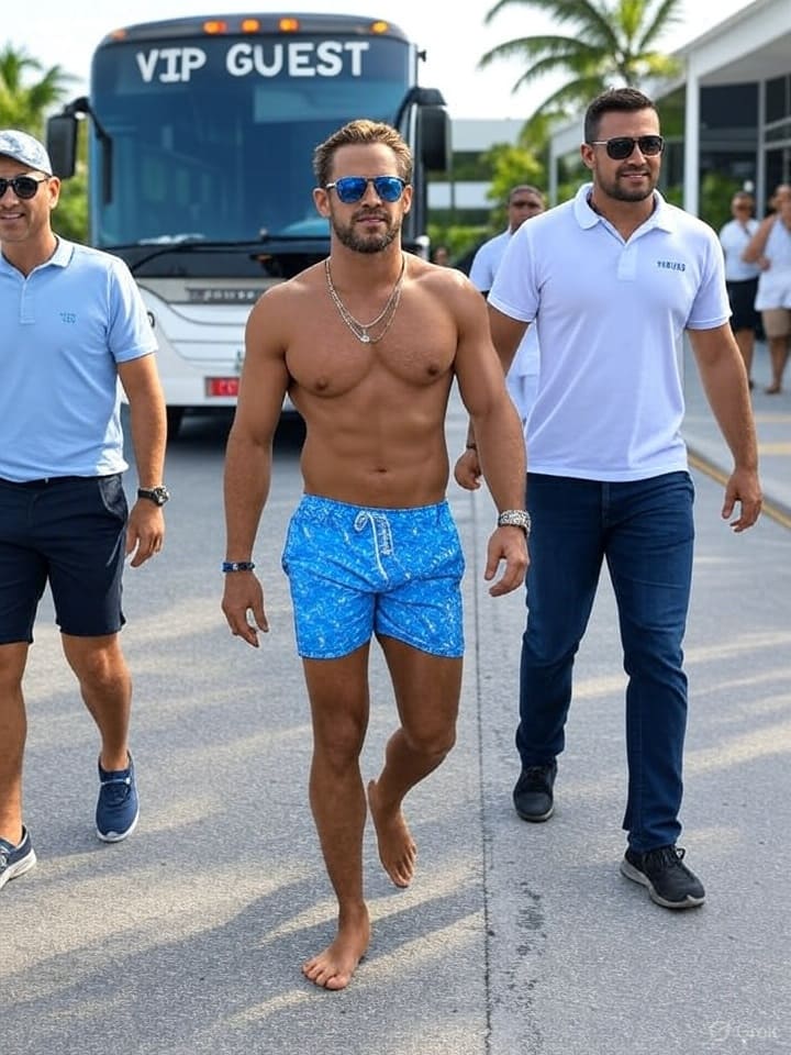 Group of smiling tourists with luggage disembarking from an airport transfer bus at the hotel lobby entrance of a Caribbean luxury resort, illustrating easy Club Med Miches