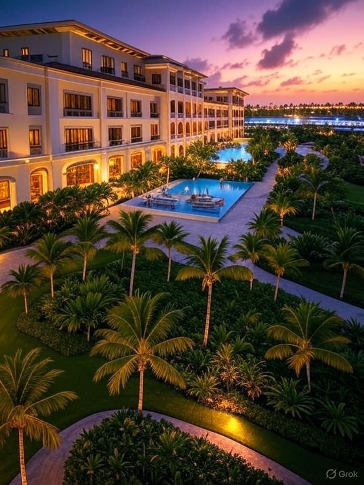 Stunning nighttime view of Dreams Macao Beach Punta Cana resort with illuminated pools and beachfront under starry Caribbean sky