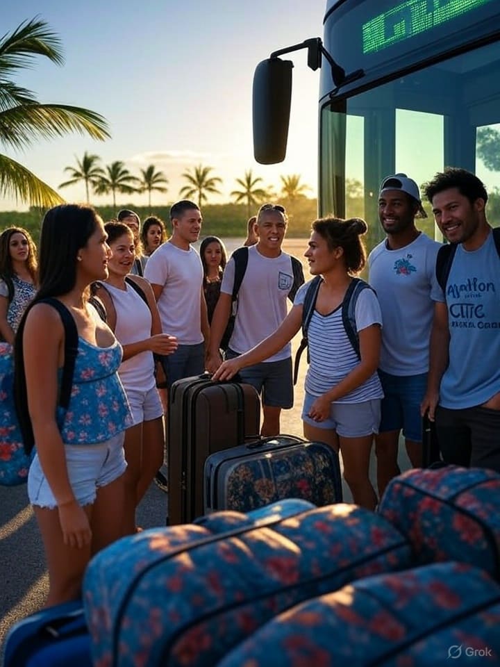 Group of happy vacationers with baggage waiting next to a private shuttle bus or van outside Punta Cana International Airport (PUJ), preparing to head to Royalton CHIC Punta Cana resort for a luxurious adults-only getaway.
