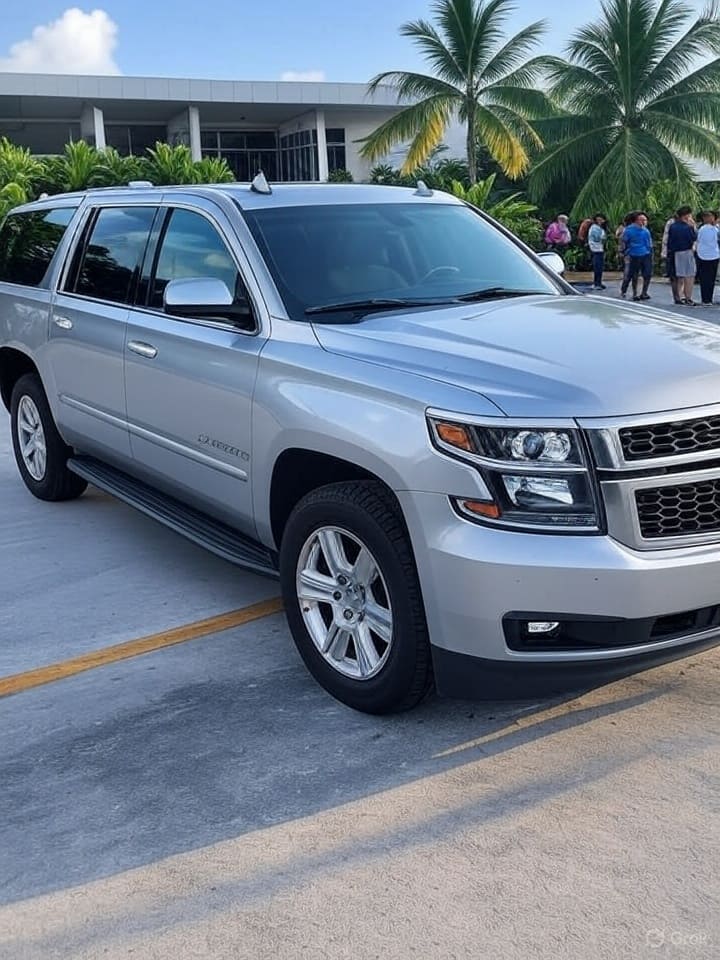 Chevrolet Suburban luxury SUV waiting for guests in front of the Royalton Punta Cana hotel lobby entrance, providing premium private shuttle to Royalton Punta Cana for stress-free airport to Royalton Punta Cana transportation.