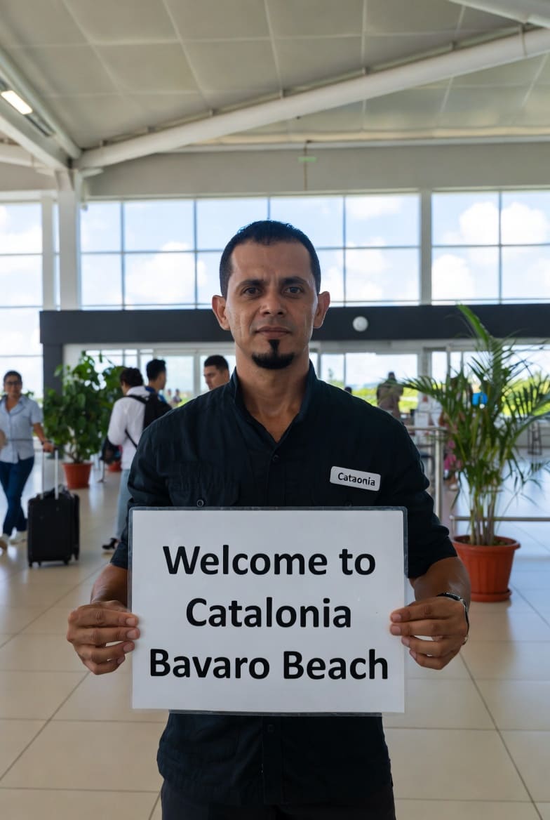 Driver for Catalonia Bavaro airport transfer holding welcome sign "Welcome to Catalonia Bávaro Beach" at Punta Cana International Airport arrivals area, Dominican Republic