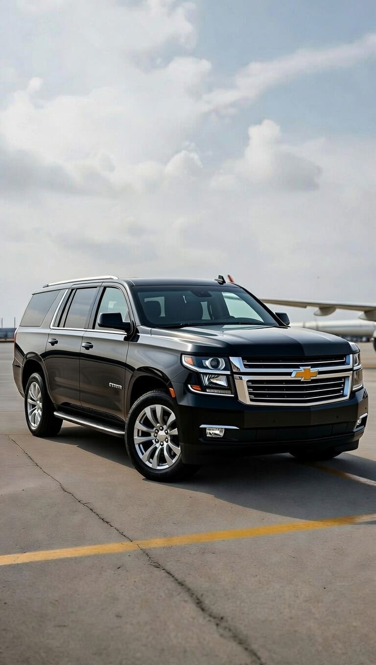 Professional chauffeur standing by a black 2019 Chevrolet Suburban for luxury private Dreams La Romana airport shuttle
