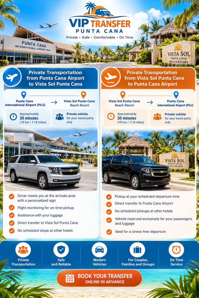 Vista Sol Punta Cana Transportation infographic by VIP Transfer Punta Cana showing private airport transfers from PUJ to Vista Sol Punta Cana Beach Resort and return, 19 km and approximately 30 minutes.